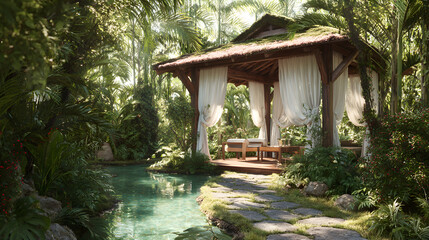 Tranquil Outdoor Spa: Experience Ultimate Relaxation in a Tropical Garden Oasis with Swaying Curtains