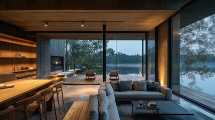 Modern lake house interior, comfortable living space, panoramic views, tranquil ambiance
