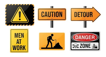 Illustrative collection of safety and warning signs indicating caution and potential hazards
