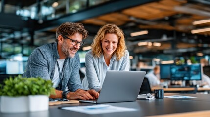 Two colleagues collaborating on a laptop