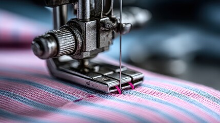 Close-up of Sewing Machine Needle on Striped Fabric Material