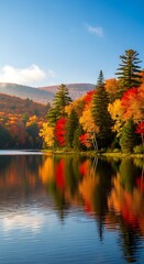 Obraz premium Vibrant autumn forest with colorful foliage reflected in a calm lake under a clear blue sky with wispy clouds