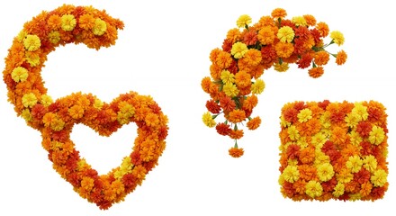 Orange and yellow flowers arranged into shapes