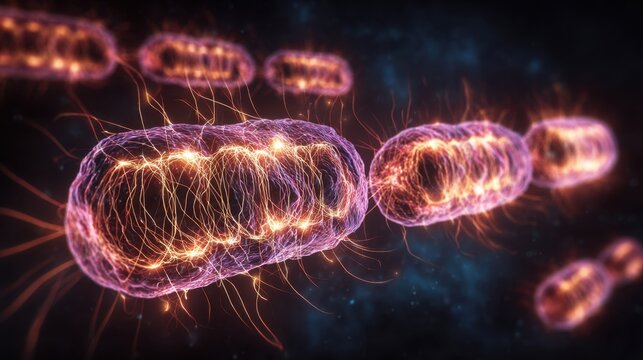 Digital illustration highlighting fragmented mitochondria and slowed energy pulses within muscle cells under metabolic stress conditions.