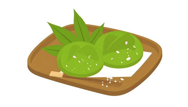 Vibrant green kusa mochi on a brown wooden plate served with fresh leaf garnish