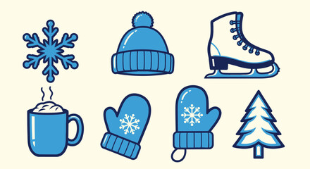 Vector SVG Illustration of Winter Accessories and Holiday Elements in Flat Design Style with Blue Color Scheme