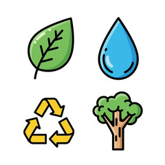 Icon Set of Nature Elements in Modern Flat Style Featuring Leaf Water Drop Recycle Tree SVG Vector SVG Design