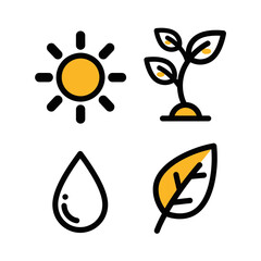 Vector Minimalist Flat SVG Icon Set with Nature Inspired Elements in Bright Colors for Web and App Design