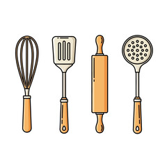 Vector SVG Icon Set of Kitchen Utensils Including Whisk Spatula Rolling Pin and Slotted Spoon in Flat Design Style with Neutral Colors