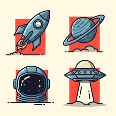 Vector Cartoon Space Themed SVG Icon Set with Rocket Planet Astronaut and UFO in Flat Modern Style
