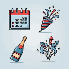 Vector SVG Illustration of Celebration Fireworks and Party Elements in Flat Modern Style with Bright Colors