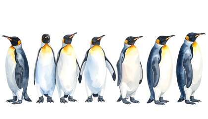 Fototapeta premium Watercolor Illustration of a Row of Emperor Penguins on a White Background