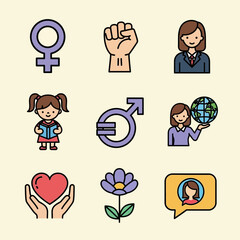 Minimalist Vector SVG Icon Set with Feminism Gender Equality Earth and Love Symbols Flat Design