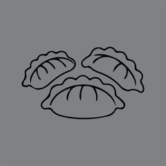 Minimalist line art icon of three traditional Asian dumplings. Simple black outline drawing of gyoza or jiaozi for a food menu or logo.