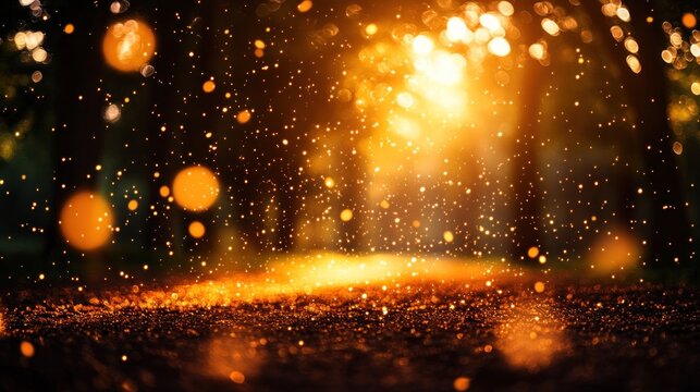 Golden forest ambiance.  Soft, warm light streams through trees, creating a magical, autumnal scene