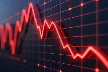 Red neon line graph showing downward trend on dark grid background chart data