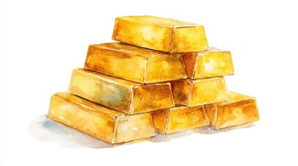 A watercolor illustration of stacked gold bars showcasing their shiny, rich golden color and rectangular shape on a white background.