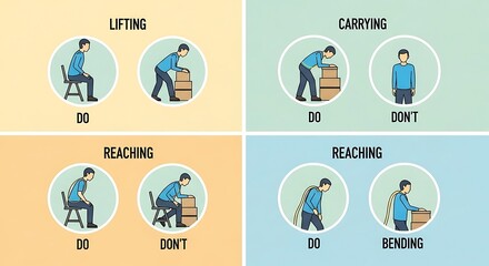 Infographic illustrating proper lifting, carrying, and reaching techniques for safety instruction