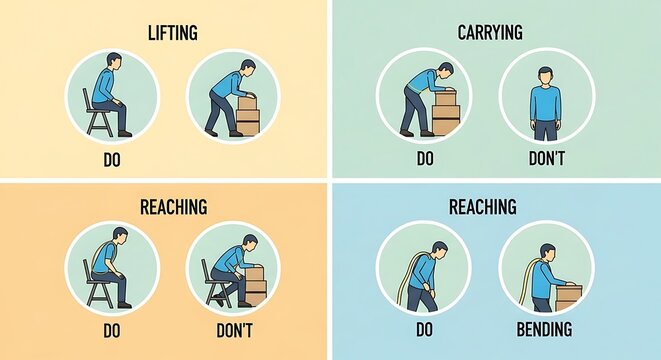 Infographic illustrating proper lifting, carrying, and reaching techniques for safety instruction