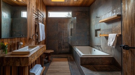 Naklejka premium Modern rustic bathroom interior with wooden walls and stone tiles