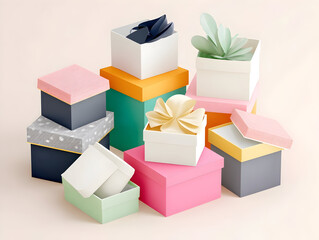 Pastel backdrop featuring colorful gift boxes neatly stacked, decorated with ribbons and bows, radiating festive celebration mood