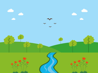 Fototapeta premium River view in the middle of the yard. Spring illustration. Flat vector illustration design.