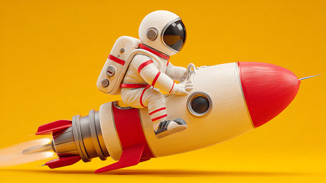 Astronaut riding a cartoonish rocket against a vibrant yellow background, symbolizing adventure