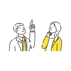 笑顔で話し合う2人のビジネスマンがミーティングをしているシンプルなイラスト素材