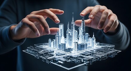 Hands manipulating a holographic city model, showcasing futuristic urban design.