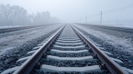Fototapeta premium Railroad tracks covered in frost on a foggy winter day.