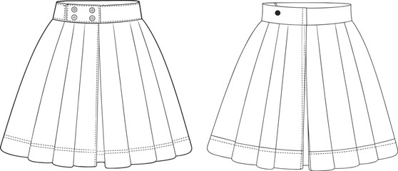 Women's Stylish Pleated Skirt with Button Waistband, Technical Fashion Flat Sketch, Front and Back Views, Ideal for Apparel Design, Casual Wear, and Formal Outfits.
