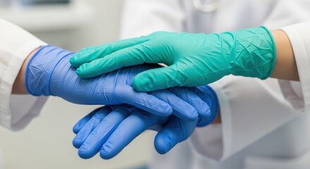 Two pairs of hands in blue and green medical gloves touching, symbolizing collaboration, care, and safety in healthcare.