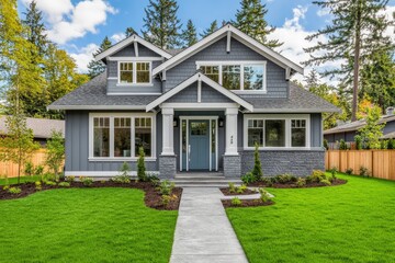 Obraz premium Gray exterior of a charming house with manicured lawn and landscaping.