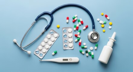 Flat lay of essential medical instruments including a stethoscope, thermometer, various pills, and nasal spray on a blue background.