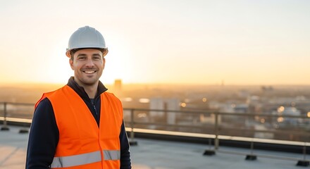 Portrait of a smiling construction worker in safety gear with city skyline at sunset