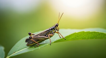 Fototapeta premium A close-up view of a grasshopper perched on a vibrant green leaf.