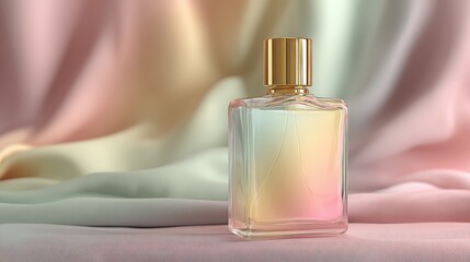 Naklejka premium Pastel-themed perfume bottle with baby pink and mint gradient on satin, feminine and cozy mood