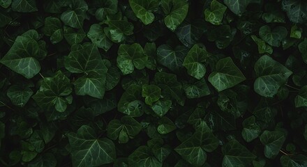 Closeup texture of dark green ivy leaves with water droplets, showcasing a natural, organic pattern and lush foliage in detail