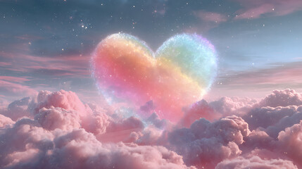 Colorful heart-shaped cloud formation glowing in a dreamy sky over soft pastel clouds