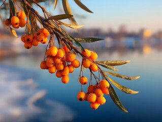 Frost-covered wild berries clinging to winter branch, frozen river glimpsed through soft sunset haze
