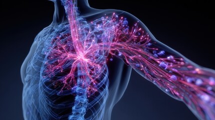 Dynamic anatomy model displaying radiating pain flashes from chest organ to arm skin highlighting neurological pathways involved in referred pain patterns.