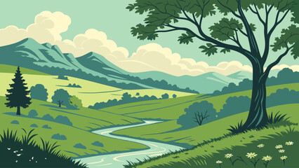 Serene Landscape Painting: Green Valley River Scene, Rolling Hills, Mountains, Vintage Art Style Illustration