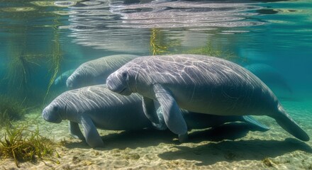 Manatees Swimming Gracefully in Clear Underwater Habitat with Lush Seagrass.