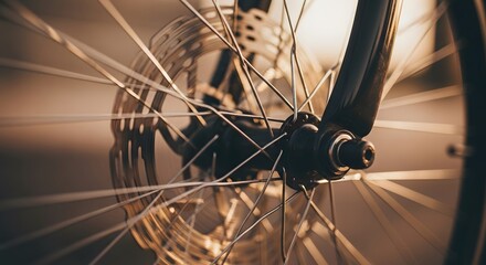 Close-up view of a bicycle wheel's intricate components, showcasing spokes, brakes, and hub.