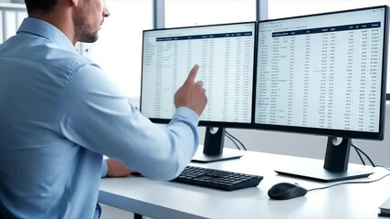 Professional analyst working with financial data on a dual monitor computer setup, pointing at a spreadsheet in a modern office - Powered by Adobe
