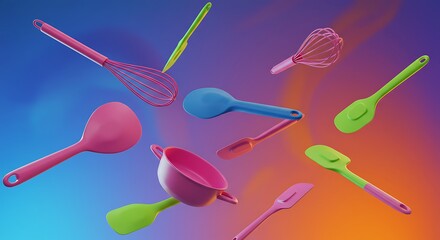 Dynamic composition of colorful 3D kitchen utensils floating mid-air. A concept of joyful cooking, culinary creativity, and modern kitchenware.