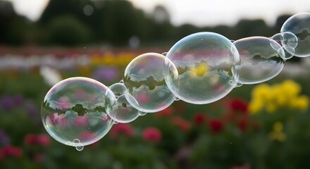 A string of iridescent soap bubbles floats gently, reflecting a blurred garden of colorful flowers.