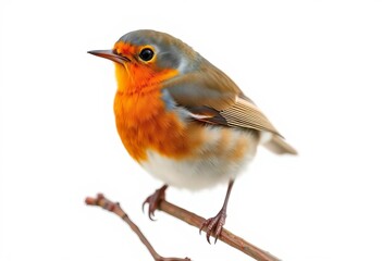 A vibrant European robin, Erithacus rubecula, perched on a stark white background,  branch,  bird