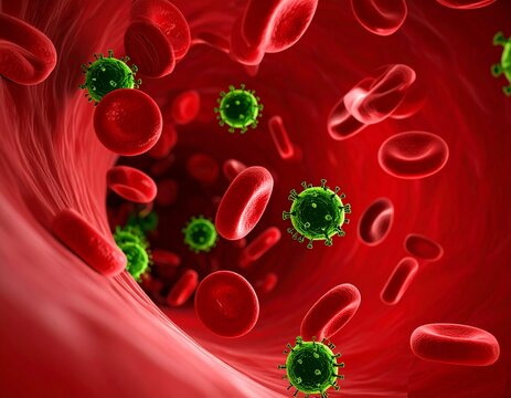A 3D medical illustration showing red blood cells and green virus particles flowing inside a blood vessel, representing infection or disease in the bloodstream.
