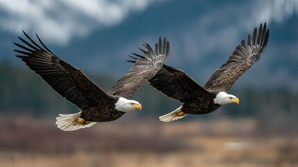 Two majestic eagles soaring gracefully over a mountainous landscape during sunset